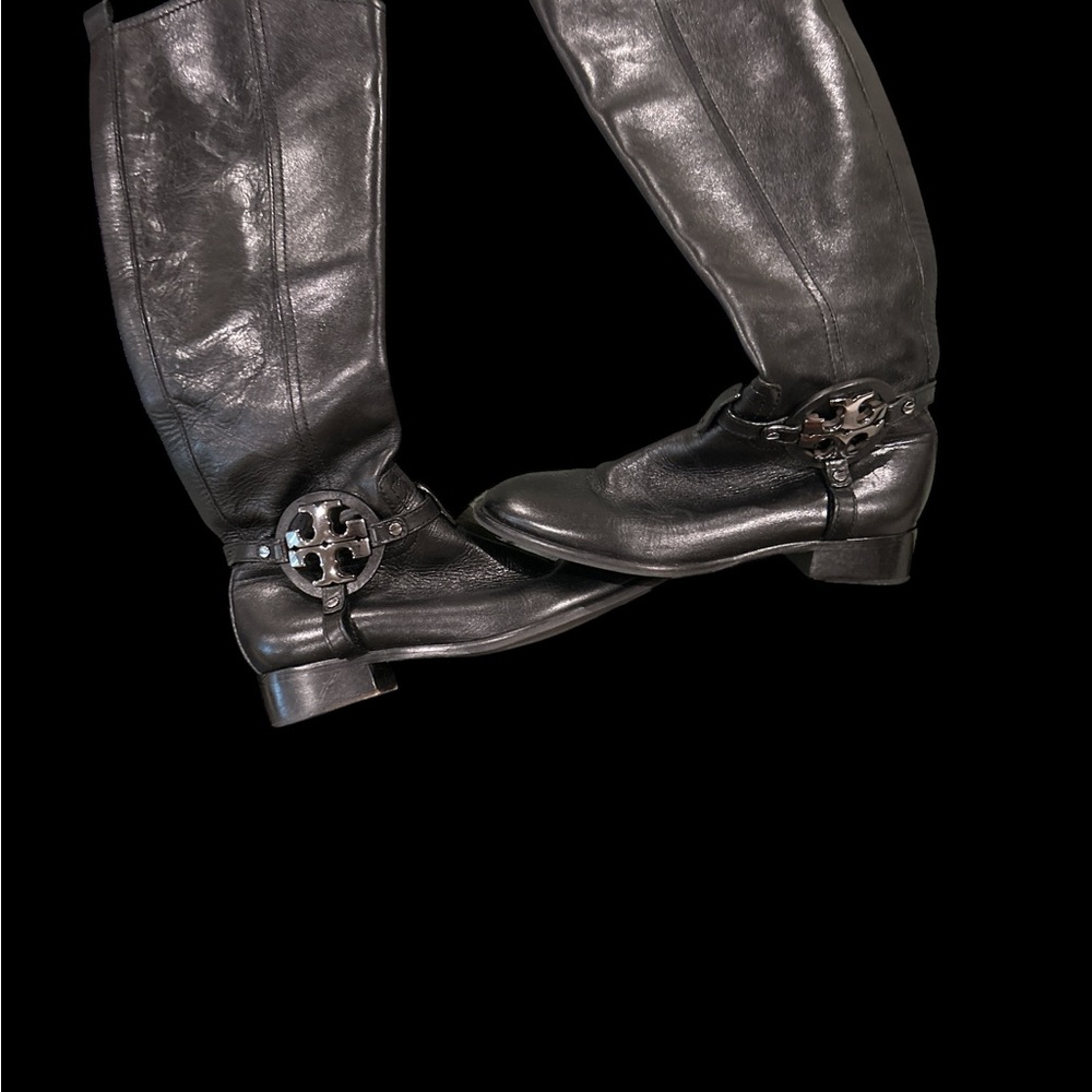 Tory Burch Black Leather Riding Boots with Logo Detail.